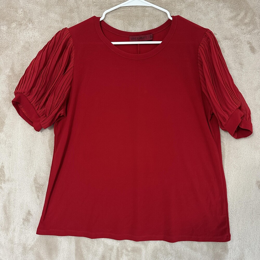 Love Scarlett Shirt Womens Plus XL Red Pleated Puff Sleeve Knit Top Blouse